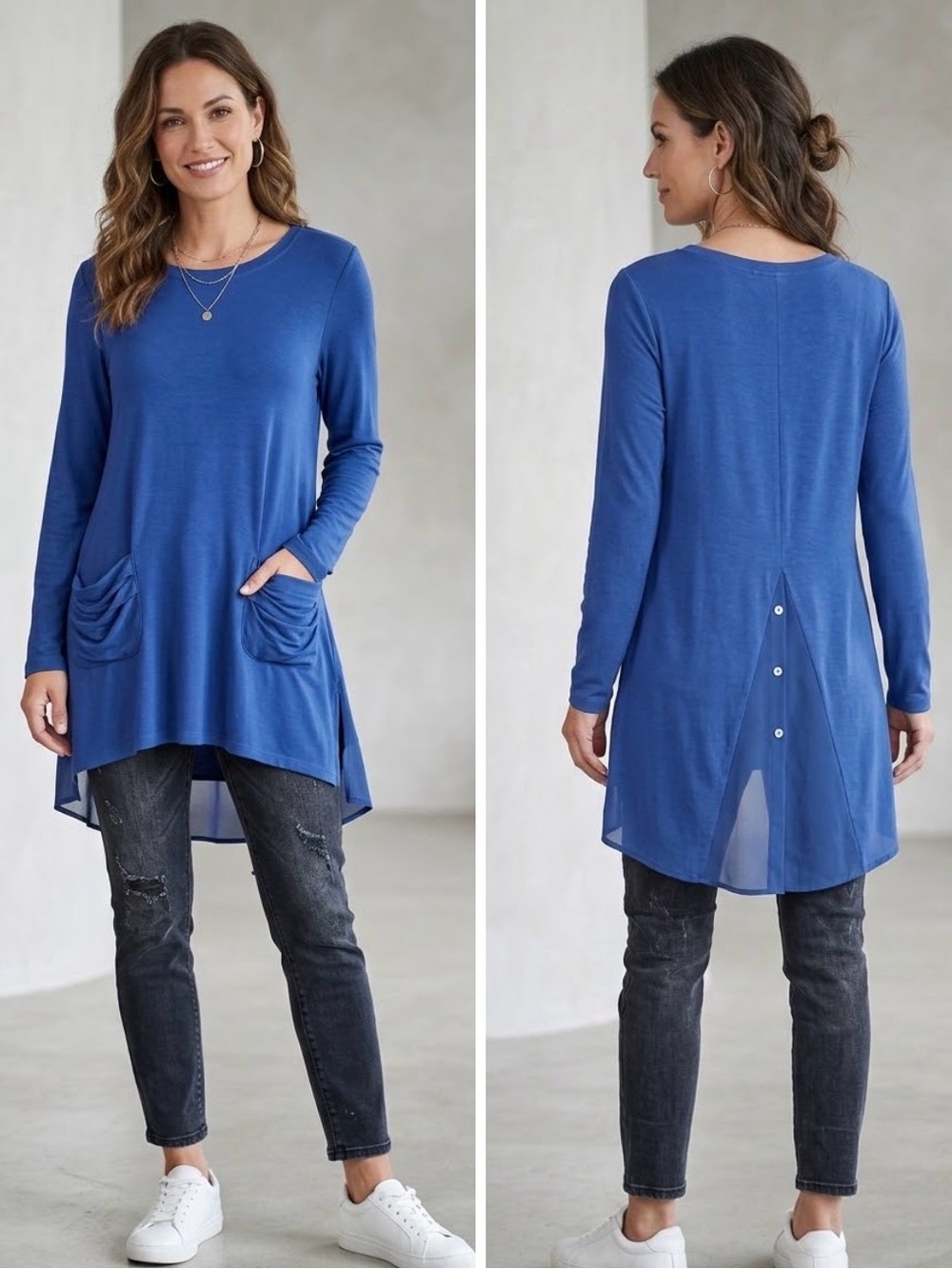 Logo Lori Goldstein Artsy Blue Back Split Button Accordion Chiffon Tunic Top M